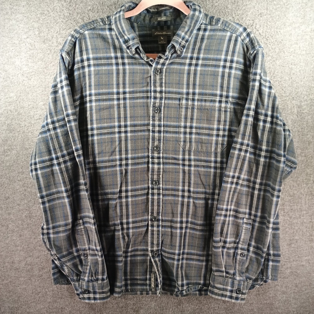 Eddie Bauer Relaxed Fit Flannel Shirt Mens Large Cotton Gray‎ Plaid Long Sleeve